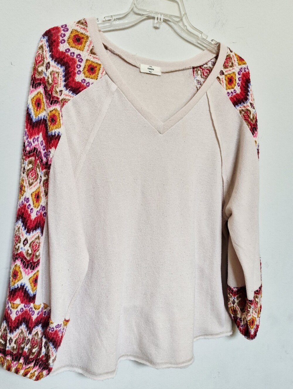 entro Cream V-Neck Pullover with Colorful Patterned Sleeves